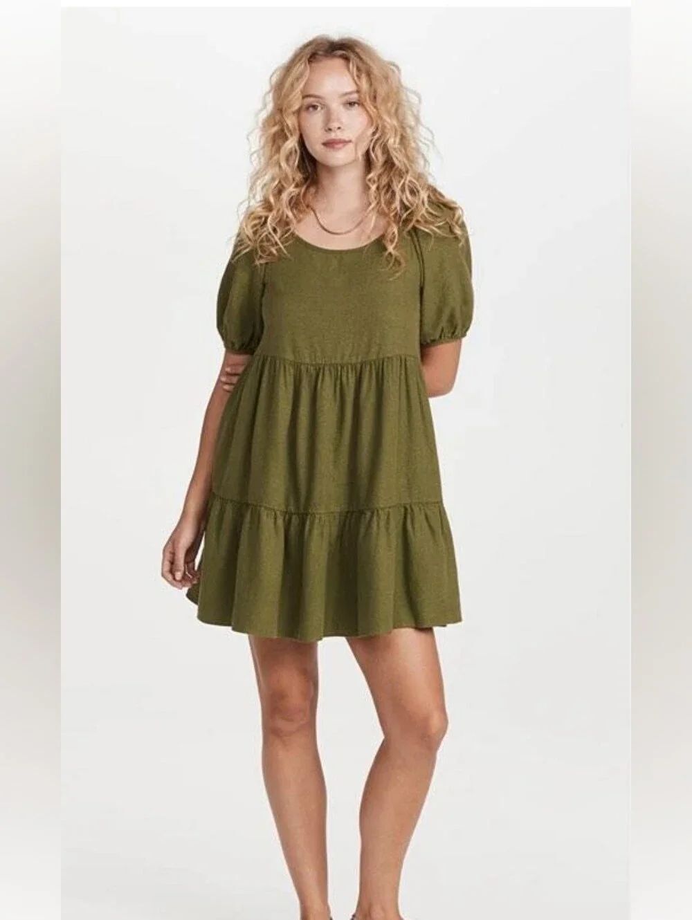 Madewell Puff Sleeve Tiered Mini Dress in Olive Sz S, Like New!